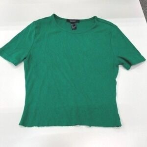 Forever 21 Womens Green Ribbed Short‎ Sleeve Crew Neck Raw Hem Top Small